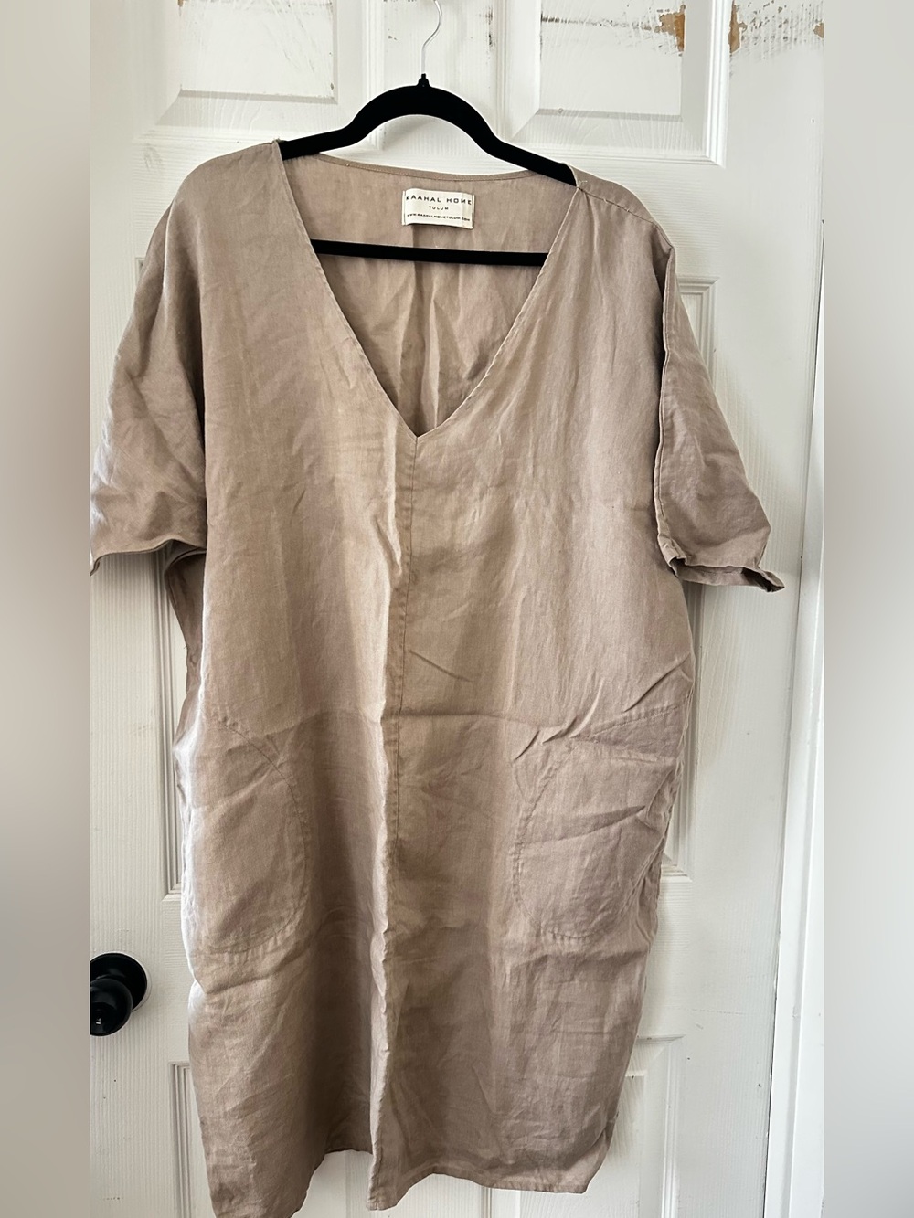 Linen V-Neck Midi Dress in Light Taupe